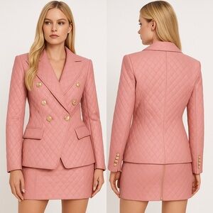 ROSEVELVET 2 Piece Quilted Faux Leather Suit Set Blazer Jacket Skirt Set Mauve L